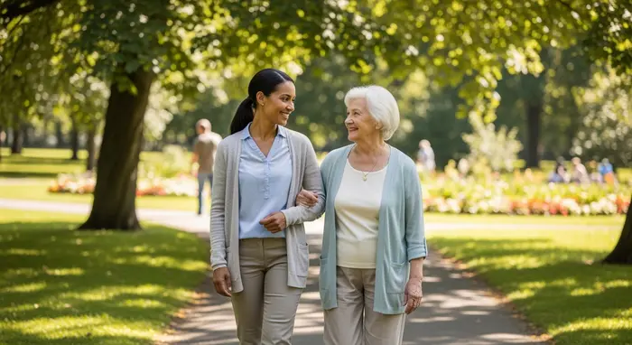 Alltagsbegleiterin geht mit einer Seniorin im Park spazieren, ruhige Grünanlage, freundliche Unterhaltung, Entlastung für Angehörige.