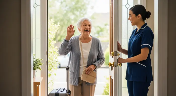 Seniorin verabschiedet sich lachend von ihrer Pflegeperson an der Haustür, Koffer steht bereit, Symbol für Verhinderungspflege und flexible Entlastung.