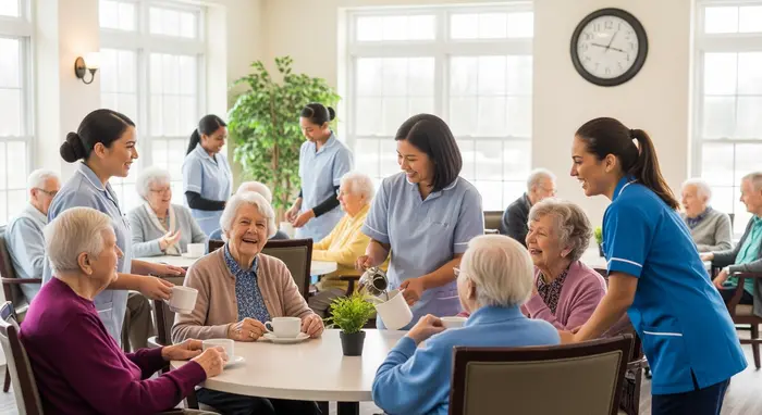 Helle Tagespflegeeinrichtung mit mehreren Senioren beim Kaffeetrinken und Gespräch, Pflegekräfte unterstützen freundlich, entspannte Atmosphäre.