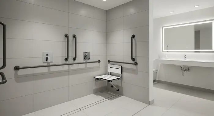 Modernes, barrierefreies Badezimmer mit bodengleicher Dusche, Haltegriffen und Duschsitz, helle Fliesen, gut ausgeleuchtet.