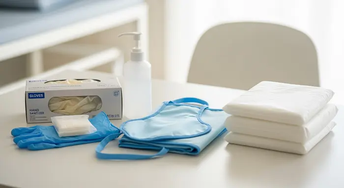 Pflegehilfsmittel-Set auf einem Tisch: Einmalhandschuhe, Desinfektionsmittel, Schutzschürze und Bettschutzeinlagen, ordentlich arrangiert in heller Umgebung.