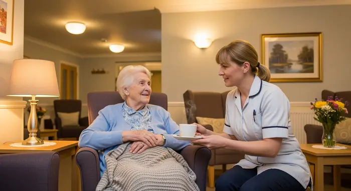 Pflegeheim-Szene: Seniorin sitzt in gemütlicher Gemeinschaftsecke, Pflegekraft reicht eine Tasse Tee, warme Beleuchtung, ruhige Atmosphäre.