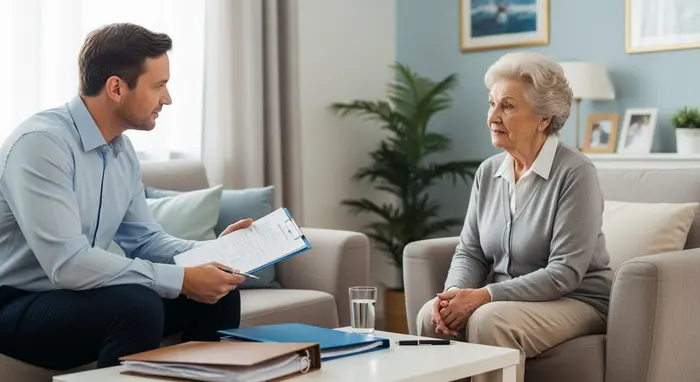 Gutachter des Medizinischen Dienstes sitzt mit Seniorin im Wohnzimmer, prüft Unterlagen und stellt Fragen, neutrale professionelle Atmosphäre.