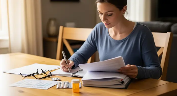 Pflegende Angehörige sortiert Unterlagen und führt ein Pflegetagebuch am Esstisch, Brille, Stift und Medikamentenplan liegen daneben.