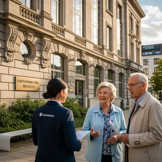 Historische und moderne Perspektive: Außenaufnahme eines Bielefelder Verwaltungsgebäudes bei Tageslicht, dezent beschildert, freundliche Atmosphäre; im Vordergrund eine Seniorin und ein Senior im Gespräch mit einer Mitarbeiterin der Krankenkasse.