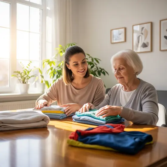 Alltagsunterstützung zu Hause: Eine Alltagsbegleiterin hilft einer Seniorin beim Falten frisch gewaschener Wäsche in einer hellen Wohnung.