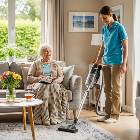 Haushaltsnahe Hilfe: Ein Helfer saugt das Wohnzimmer, während die pflegebedürftige Person entspannt auf dem Sofa sitzt.
