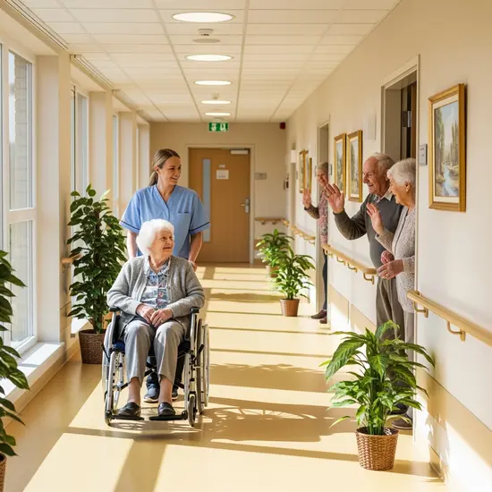 Pflegeheim-Flur mit natürlichem Licht: Eine Pflegekraft schiebt einen Rollstuhl, Bewohner grüßen freundlich; saubere, moderne Umgebung.