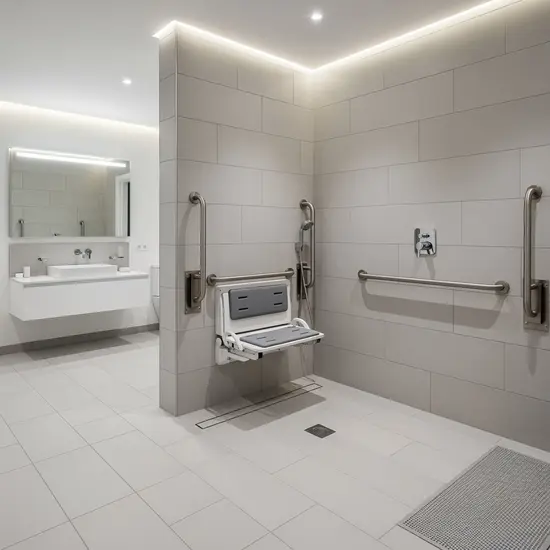 Barrierefreies Badezimmer mit bodengleicher Dusche, klappbarem Duschsitz und Edelstahl-Haltegriffen, helle Fliesen und gute Beleuchtung.