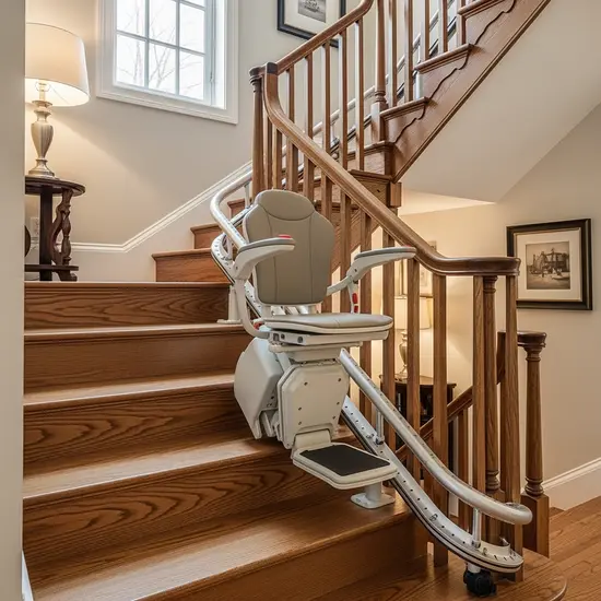 Treppenlift an einer Holztreppe in einem Einfamilienhaus, gepflegte Umgebung, sicherer Sitz mit Armlehnen.