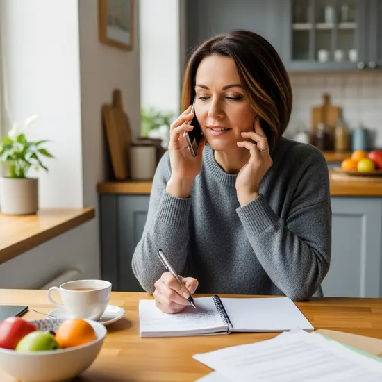 Telefonische Antragstellung: Eine pflegende Angehörige telefoniert am Küchentisch mit Notizblock und Stift, ruhige, konzentrierte Stimmung.