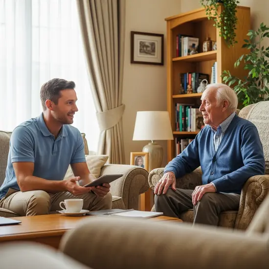 Hausbesuch durch Gutachter: Pflegefachkraft mit Tablet spricht mit Senior im Wohnzimmer, respektvoller Austausch.