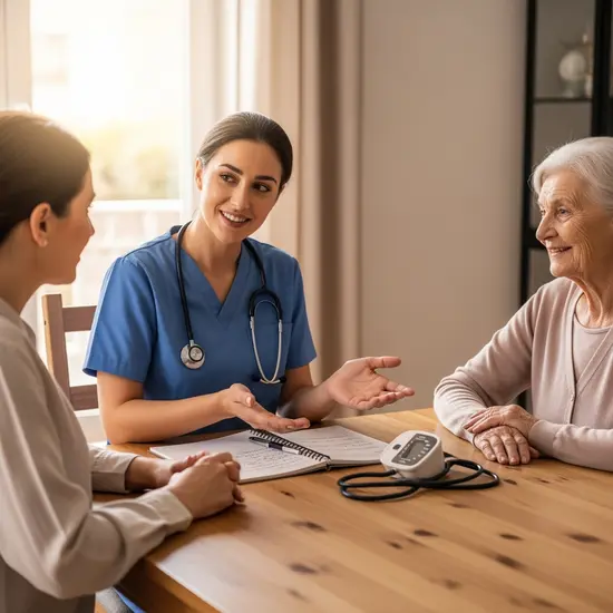 Hausbesuch: Pflegefachkraft sitzt mit einer pflegenden Tochter und ihrer Mutter am Esstisch, erklärt freundlich die nächsten Schritte, Notizen und Blutdruckmessgerät liegen bereit.