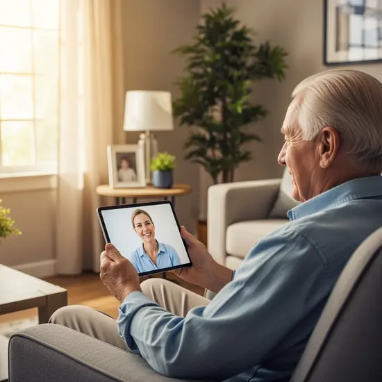 Videoberatung: Älterer Herr in ruhigem Wohnzimmer spricht per Tablet mit einer Pflegeberaterin, klare, einfache Szene ohne sichtbaren Text.