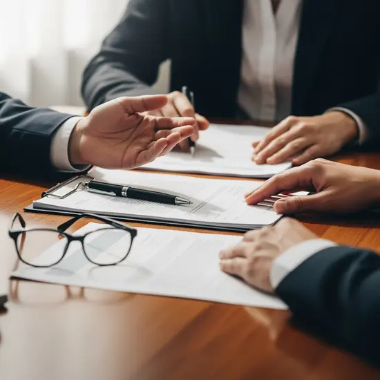 Nahaufnahme eines Beratungsgesprächs: Dokumente, Stift und Brille auf Holztisch, freundliche Handgesten, ruhige, professionelle Szene ohne lesbaren Text.