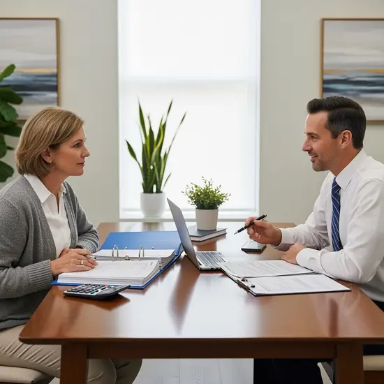 Beratung zu Rente: Pflegende Angehörige sitzt mit Ordnern und Taschenrechner am Tisch, bespricht mit Berater die Absicherung, freundliche und strukturierte Szene.