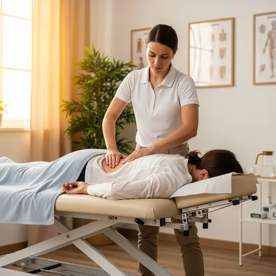 Osteopathische Behandlung: Therapeutin behandelt schonend den Rücken einer Patientin in einem hellen Praxisraum, entspannte Atmosphäre.