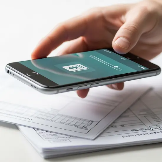Dokumente hochladen: Hand hält ein Smartphone über einen kleinen Stapel Papier mit unscharfen Formularen, Fokus auf Handlung, nicht auf Text.
