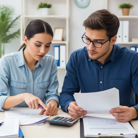 Junge Frau und Mann sitzen am Schreibtisch und prüfen Unterlagen zu Sozialbeiträgen; ein Taschenrechner liegt daneben, neutrale Szene ohne lesbaren Text.