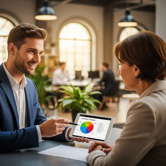 Porträt eines lächelnden Angestellten, der einem Versicherten die Beitragsaufteilung erklärt, in einem modernen Büro mit warmem Licht.