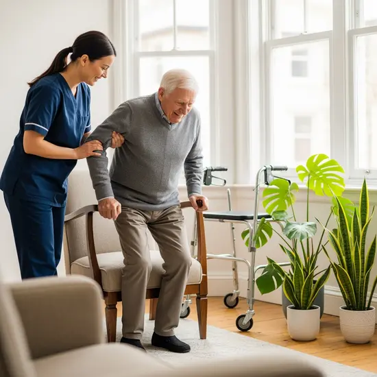 Pflegerin unterstützt einen älteren Herrn beim Aufstehen vom Sessel in einem hellen Wohnzimmer; im Hintergrund stehen Gehhilfe und Pflanzen, freundliche Atmosphäre.
