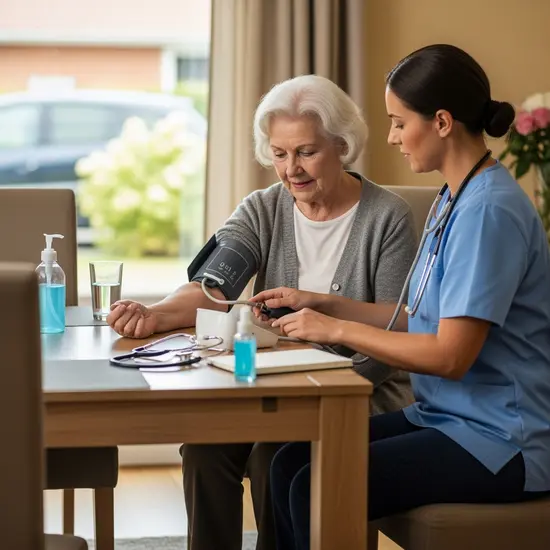 Ambulanter Pflegedienst zu Hause: Pflegekraft misst den Blutdruck einer Seniorin am Esstisch, medizinische Utensilien dezent sichtbar.