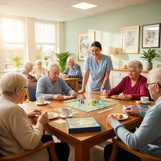 Tagespflege-Einrichtung: Seniorinnen und Senioren sitzen an einem großen Tisch, trinken Kaffee und spielen ein Brettspiel; Betreuungskraft lächelt, helle Räume.