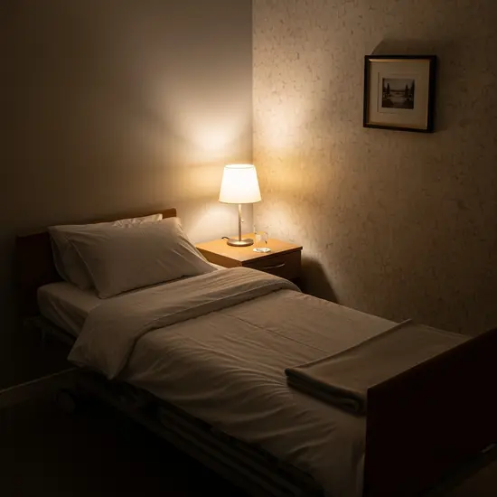 Nachtpflege-Szene: Ruhiges Pflegebett in einem Einzelzimmer mit warmem Licht, Nachttisch mit Wasserglas, beruhigende Atmosphäre.