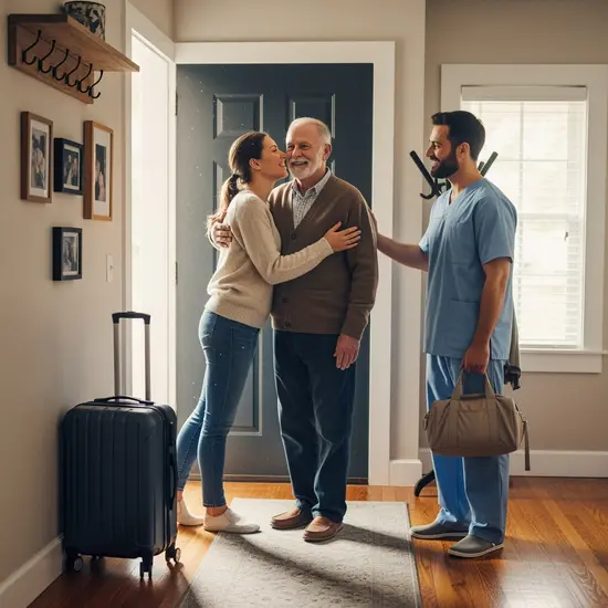 Entlastungssituation: Eine Tochter übergibt fürsorglich die Pflege ihres Vaters für einige Tage an einen professionellen Pfleger; Koffer im Flur, freundliche Verabschiedung.