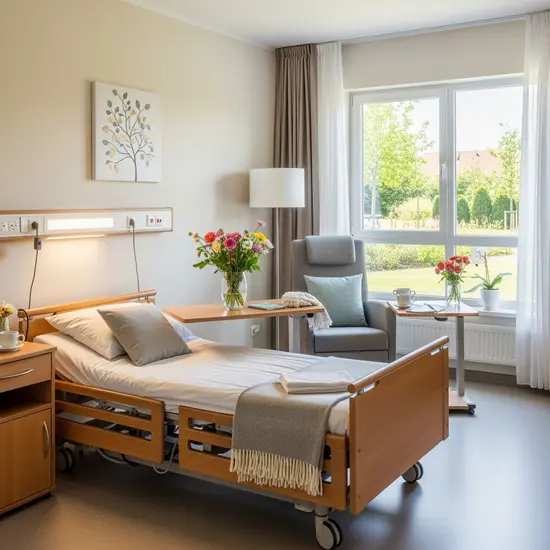 Kurzzeitpflege: Helles Pflegeheimzimmer mit Pflegebett, Sitzgelegenheit und Blumen, aufgeräumt und einladend.