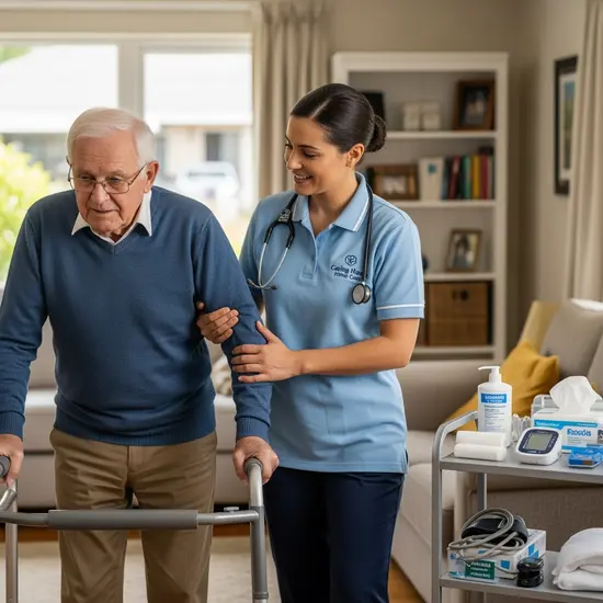 Pflegerin im häuslichen Umfeld hilft Senior beim Gehen; professioneller ambulanter Pflegedienst mit Pflegeutensilien.