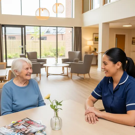 Moderne Pflegeeinrichtung mit hellen Gemeinschaftsräumen; Senior sitzt mit Pflegerin an einem Tisch und lächelt.