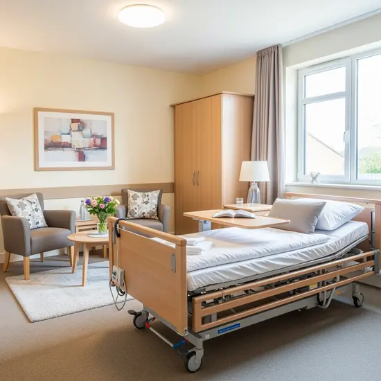 Helles Gästezimmer in einer Pflegeeinrichtung mit Pflegebett und bequemen Sitzgelegenheiten; vorbereitet für einen Kurzzeitpflegeaufenthalt.