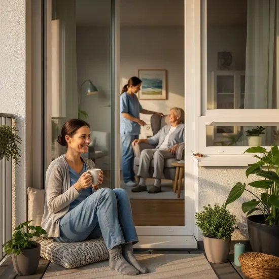 Entspannte pflegende Angehörige trinkt Kaffee auf dem Balkon, während eine Betreuungsperson beim Senior zu Hause ist.
