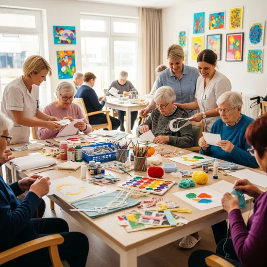 Seniorenrunde in einer Tagespflegeeinrichtung, gemeinsam beim Basteln; freundliche Betreuungskräfte unterstützen.