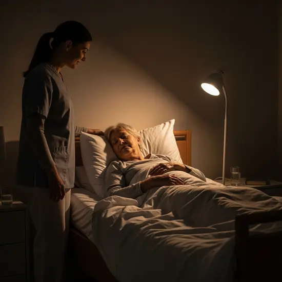 Ruhige Nachtpflege-Szene: Senior liegt entspannt im Bett, Nachtlicht an, Pflegerin schaut nach dem Rechten.