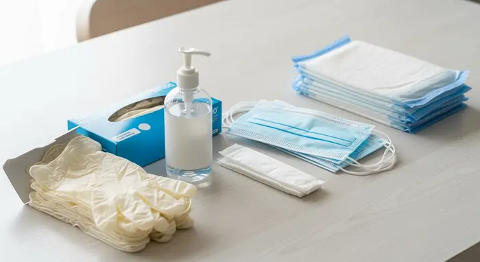 Pflegehilfsmittel auf einem Tisch: Einmalhandschuhe, Desinfektionsmittel, Mundschutz und Bettschutzeinlagen; sauber arrangiert.