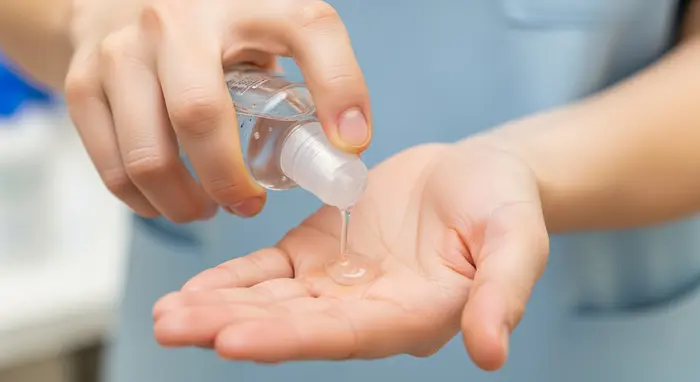 Nahaufnahme einer Hand, die Desinfektionsmittel aufträgt; Fokus auf Hygiene im Pflegealltag.