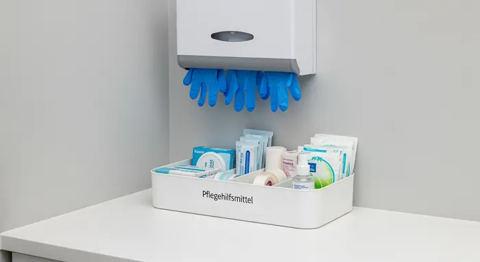 Aufgeräumte Pflegeecke zu Hause mit Box für Pflegehilfsmittel und Handschuhspender an der Wand.