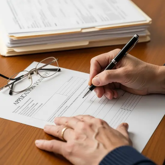Nahaufnahme von Händen, die einen Antrag ausfüllen; Brille, Stift und geordnete Unterlagen auf einer Holzoberfläche.