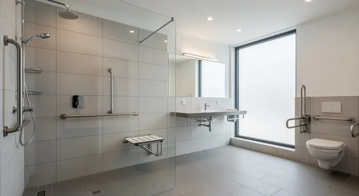 Modernes, barrierefreies Badezimmer mit bodengleicher Dusche, Haltegriffen und Sitzmöglichkeit.