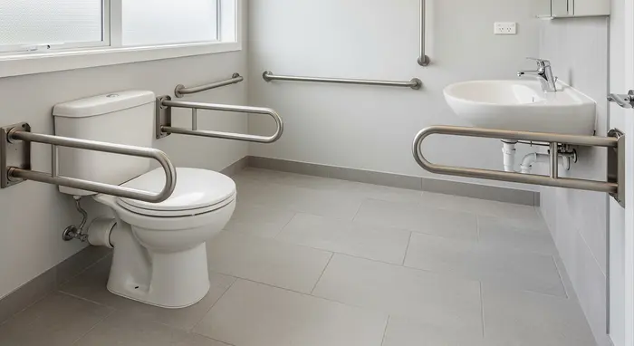 Stabile Haltegriffe neben einer Toilette und am Waschbecken; rutschfester Boden.