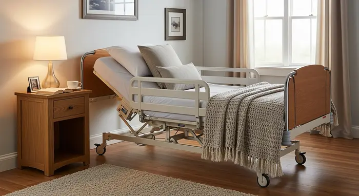 Pflegebett in einem gemütlichen Schlafzimmer; verstellbares Kopfteil und Seitengitter.
