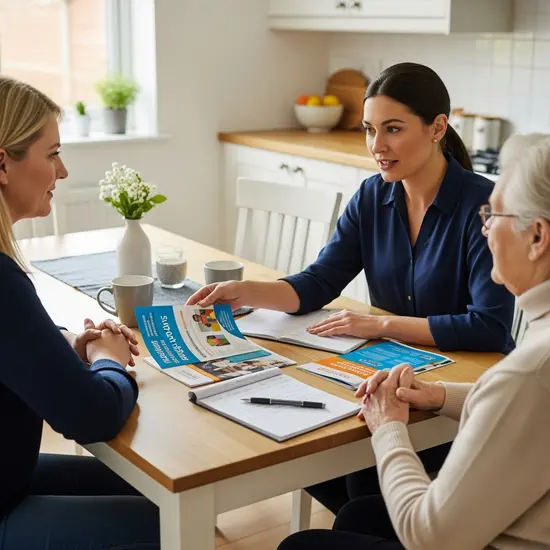 Pflegeberaterin erklärt Angehöriger und Senior Unterstützungsmöglichkeiten am Küchentisch; Broschüren und Notizblock liegen bereit.