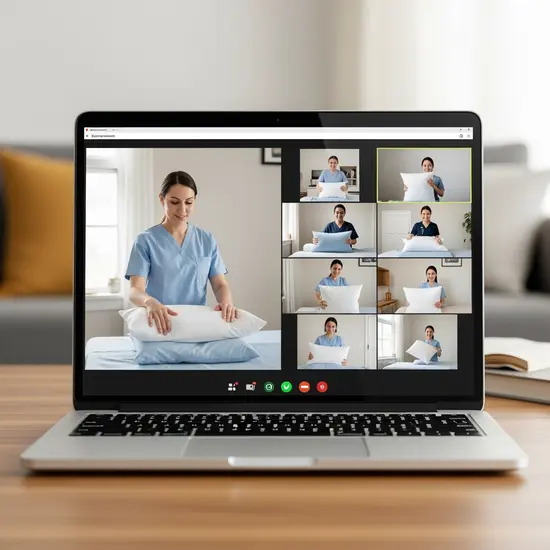Laptop mit geöffneter Videokonferenz: Pflegekurs online; Teilnehmer üben Handgriffe mit Kissen; klare, textfreie Ansicht.