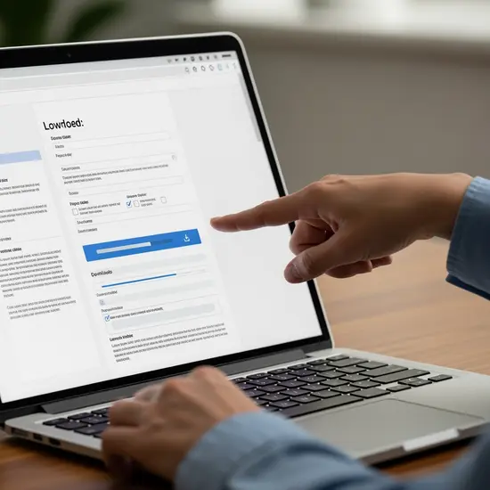 Person lädt ein PDF-Formular auf einem Laptop herunter; Finger zeigt auf den Download-Button, keine lesbare Schrift.