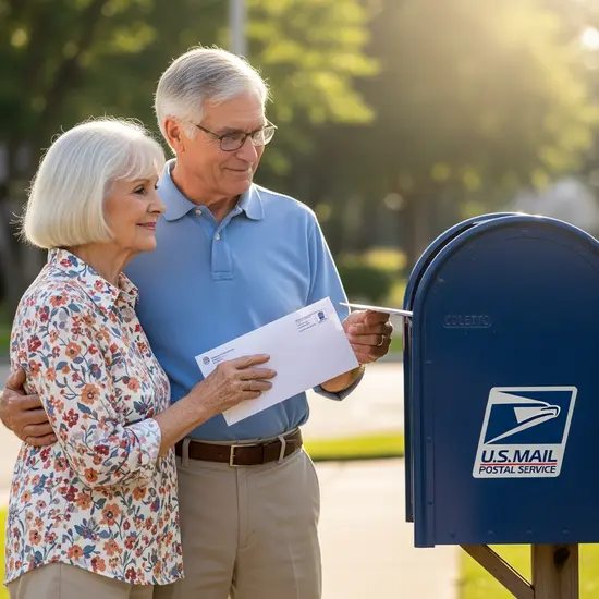 Älteres Ehepaar steckt einen frankierten Brief mit Formularen in einen Briefkasten; sonniger Tag.