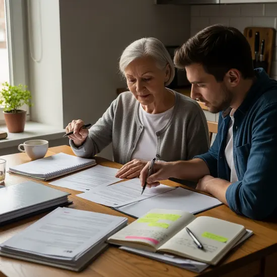 Ältere Frau prüft gemeinsam mit ihrem Sohn Unterlagen am Küchentisch; konzentrierte Stimmung, Notizen und Markierungen.
