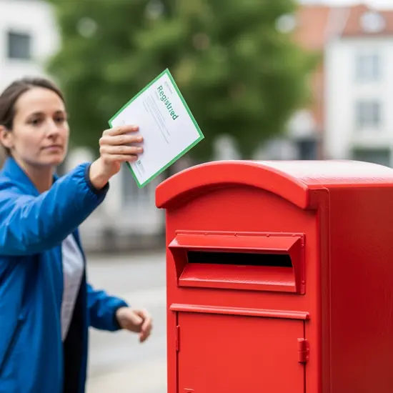 Person wirft einen Einschreibebrief in einen roten Briefkasten; klare Szene ohne lesbaren Text.