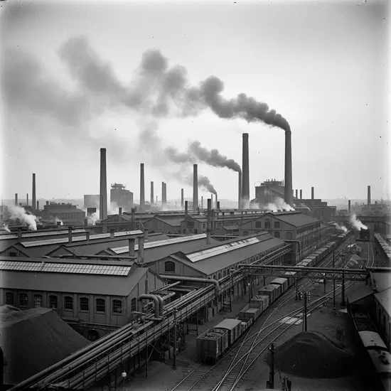 Historische Schwarzweiß-Aufnahme eines Industriekomplexes mit rauchenden Schornsteinen, stellvertretend für die industriellen Wurzeln der Region.